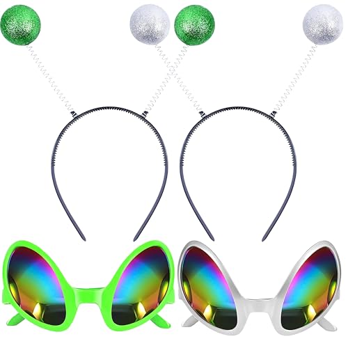 Goenb 4 Stück Alien Haarreif Alien Brille, Haarreif Alien Stirnband Alien Headband Alien Kostüm Zubehör für Erwachsene Kinder für Karneval Faschings (Grün Silbrig) von Goenb