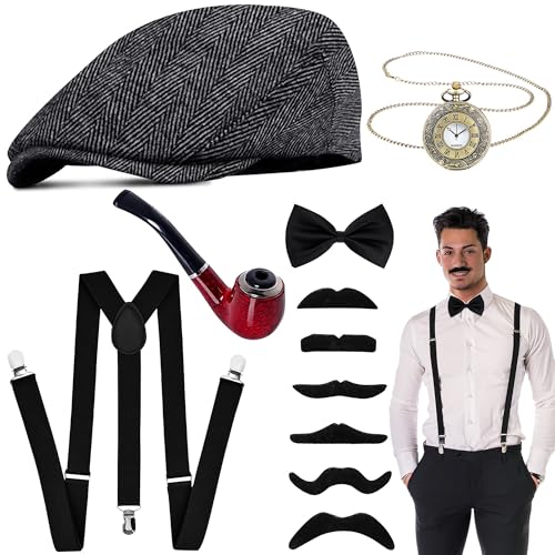 Goenb 20er Jahre Kostüm Herren Accessoires, Mafia Kostüm Peaky Blinders Kostüm Gangster Kostüm Detektiv Kostüm Mit Gangster Hut Verstellbar Hosenträger Taschenuhr Fliege Bärte für Karneval von Goenb