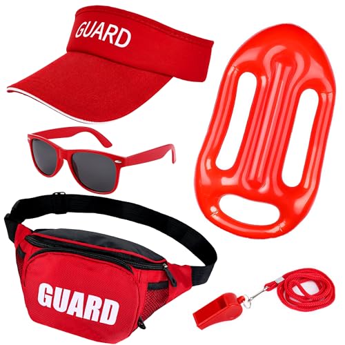 Goenb 5 Stück Rettungsschwimmer Kostüm Set, Roter Rettungsschwimmer Pfeife Sonnenhut Sonnenbrille Bademeister Boje Rettungsschwimmer Gürteltasche Fasching Karneval Verkleidung für Herren Damen von Goenb