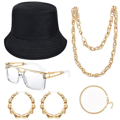 Goenb 80s 90s Accessories Outfit, Hip Hop Kostüm Kit Rapper Accessoires Rapper Sonnenbrille Fake Gold Kette Hip Hop Accessoires für Frauen Männer (Schwarz) von Goenb