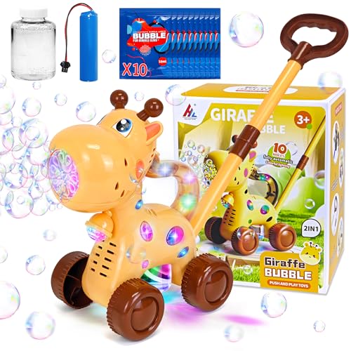 Goenb Automatische Seifenblasenmaschine, Wiederaufladbar Bubble Maker mit 10 Beuteln Seifenblasenkonzentrat Giraffe Lion Lawn Mover Bubble Blower Seifenblasen Rasenmäher mit LED-Licht für Kinder von Goenb