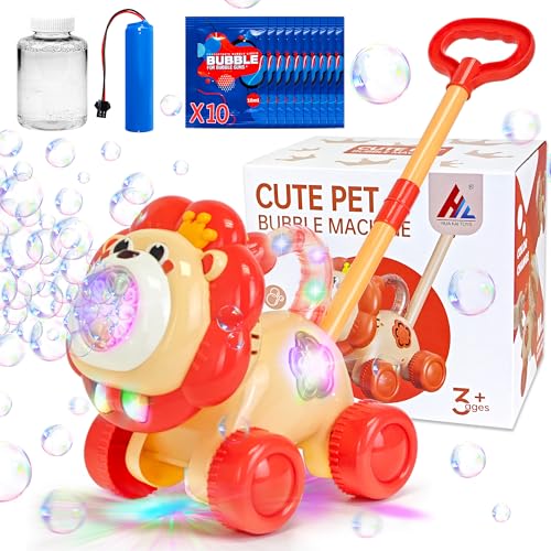 Goenb Automatische Seifenblasenmaschine, Wiederaufladbar Bubble Maker mit 10 Beuteln Seifenblasenkonzentrat Giraffe Lion Lawn Mover Bubble Blower Seifenblasen Rasenmäher mit LED-Licht für Kinder von Goenb