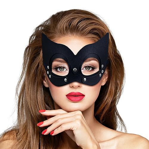 Goenb Catwoman Maske, Catwoman Maske Damen Cat Women Mask Katzenmaske Damen Kostüm Halloween Leder Mask für Halloween Karneval Fasching Maskerade Valentinstag (Schwarz) von Goenb