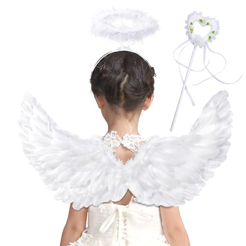 Goenb Engelsflügel, 63*33cm Engelsflügel Weiß Engel Kostüm Damen Kinder Herren Erwachsene Engelsflügel Amor Kostüm Damen Mit Heiligenschein Engel Für Halloween Karneval Geburtstag Party von Goenb