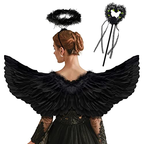 Goenb Engelsflügel, 80*41cm Engelsflügel Schwarz Engel Kostüm Damen Kinder Herren Erwachsene Engelsflügel Amor Kostüm Damen Mit Heiligenschein Engel Für Halloween Karneval Geburtstag Party von Goenb