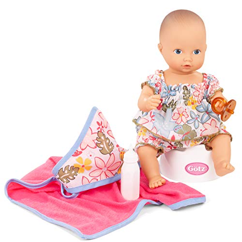 Götz 2153042 Aquini Girl Minimaxi Puppe - 33 cm Badepuppe ohne Haare mit blauen gemalten Augen - 7-teiliges Set mit Schnuller - Babypuppe ab 18 Monaten von Götz