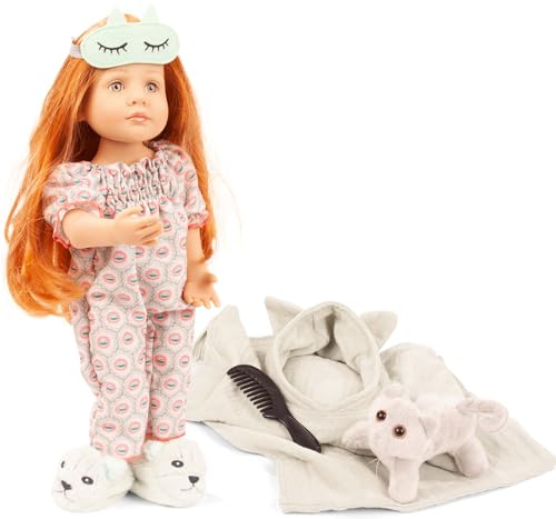Götz 2411038 Little Kidz Pyjama Party Puppe - 36 cm große Multigelenk-Stehpuppe mit roten Haaren und steingrauen Augen - 8-teiliges Set von Götz