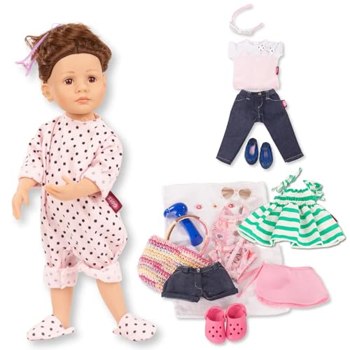Götz 2511543 Little Kidz Sommer Puppe - 36 cm große Multigelenk-Stehpuppe mit braunen Haaren und braunen Augen - 19-teiliges Set von Götz