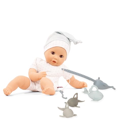 Götz 2516573 Cosy Aquini Badepuppe Angel Den Fisch Geschenkbox - 33 cm große Babypuppe mit braunen Augen, ohne Haare und Weichkörper Puppe - Weichkörperpuppe in 6-teiligen Set von Götz