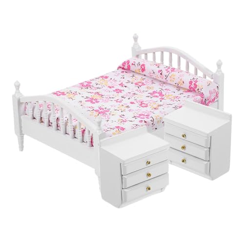 Gogogmee 1 Set Puppenhausbett aus Holz: Nachttisch, Puppenhausmöbel, Miniatur-Minihaus, Tischzubehör, Puppenhausmöbel, Mini-Schlafzimmer von Gogogmee