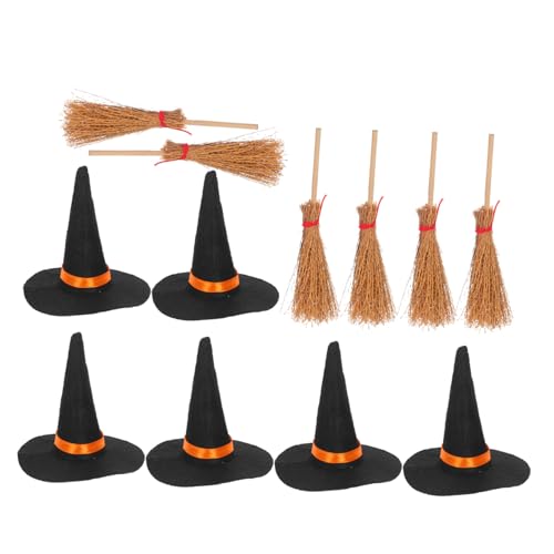 Gogogmee 12 Stück Teiliges Mini Hexenhüte und Besen und Große Filz Halloween Dekoration Handgefertigte Miniaturpuppenaccessoires für Puppenhaus DIY Micro Landschaft Schwarz und Rot von Gogogmee