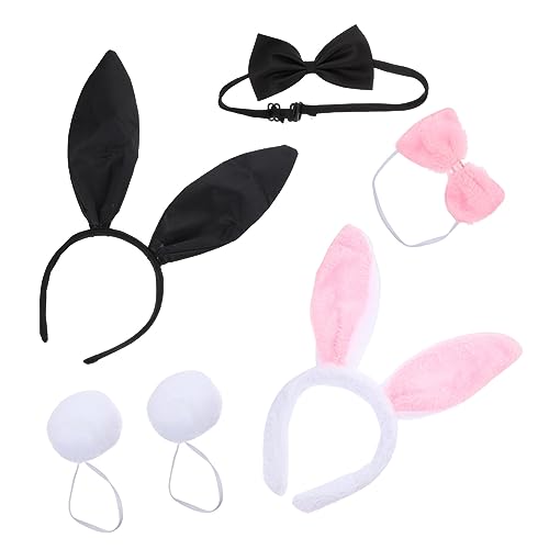 Gogogmee 2 Sätze Hasenohren Haarreif mit Fliege und Plüschschwanz Niedliches Bunny Cosplay Zubehör für Karneval Party und Kostüm Stabile Verarbeitung Schwarz und Rosa Teilig von Gogogmee