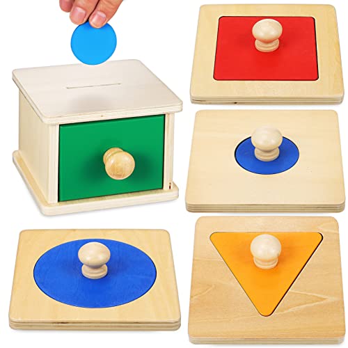 Gogogmee 2Satz Montessori Teiliges Geometrisches Rätsel mit Holzmünzen für Frühe Bildung Lernspielzeug für Form und Farbkenntnissen von Gogogmee