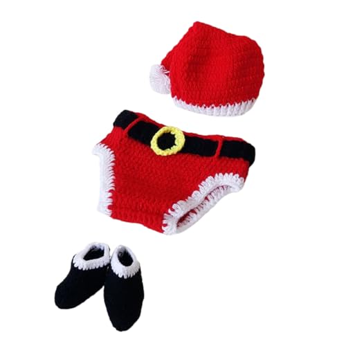 Gogogmee 3 Stück Handgestricktes Babyfotografie Teilig mit Weihnachtsmütze Unterhose und Schuhen Weiches Acrylmaterial Festliches Outfit für Neugeborene Foto Requisit zu Weihnachten von Gogogmee