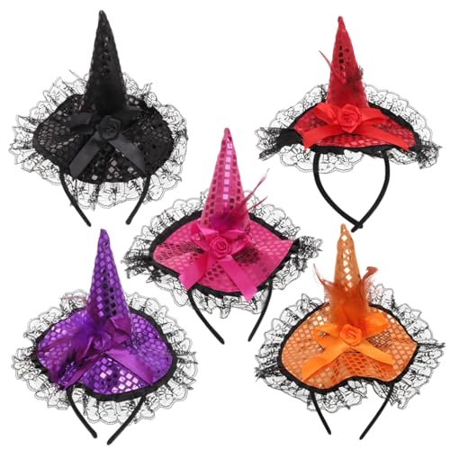 Gogogmee 5 Stück Teiliges Halloween Haarreif für Bunte Pailletten Hexenhut Stirnbänder Lustige Haaraccessoires für Halloween Party und Kostüm Farblich Gemischt Rot Orange Schwarz von Gogogmee