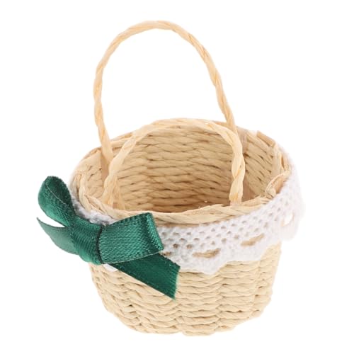 Gogogmee Handgewebter Mini Bambuskorb für Puppenhaus Deko Rustikaler Miniaturkorb mit Grünem Spitzen schleifenakzent Vielseitig als Puppenhaus Möbel Miniatur Szene und Fotorequisite von Gogogmee