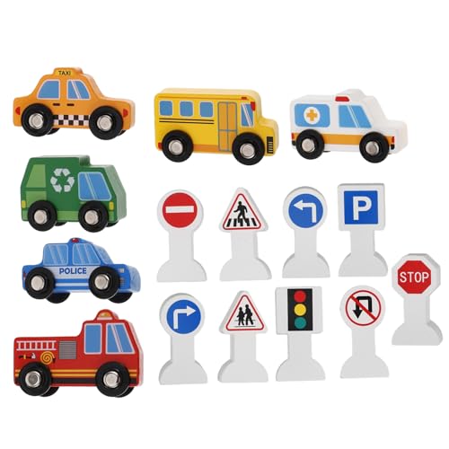 Gogogmee Holzspielzeug Baufahrzeuge mit Verkehrsschildern für Kleinkinder Pädagogisches Baustellen fahrzeugset Kreativität Hand Auge koordination und Verkehrserziehung von Gogogmee