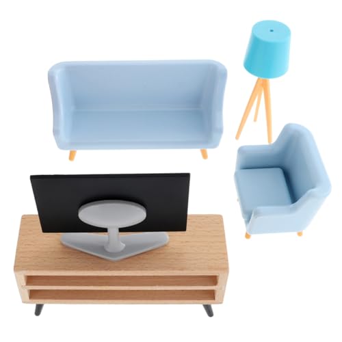 Gogogmee Miniatur Puppenhaus Möbel mit Schwarzem Mini Tv Weißem Tv Schrank Blauem Tischlampen Hellblauem Langen und Kurzem Sofa Realistische Puppenhaus Dekoration von Gogogmee