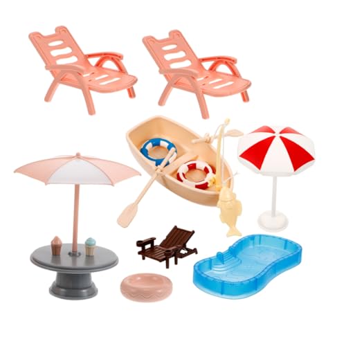 Gogogmee Miniatur Schwimmbecken Zubehör mit Pool Schwimmring Strandstuhl Sonnenschirm und Boot für Puppenhaus DIY Szenen und Kreative Garten Dekorationen von Gogogmee
