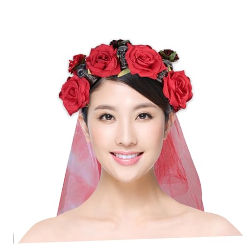 Gogogmee Rosen Stirnband Rosenblume Halloween Totenkopf Stirnband Kopfschmuck Vampir Haarband Totenkopf Haarband Halloween Blumen Tag Der Toten Krone Rot von Gogogmee