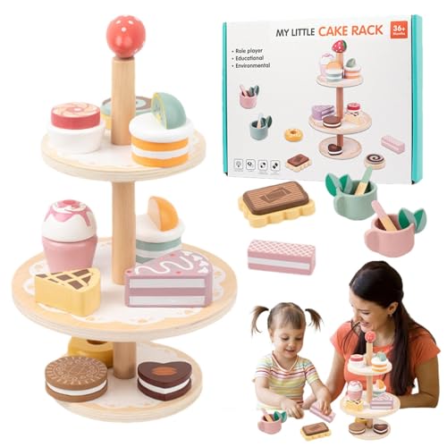 Gohemsun Holzkuchenspielzeug für Kleinkinder, Geburtstagstortenspielzeug aus Holz, dreilagiges Teeset für kleine Mädchen, Dessertkuchenset aus Holz, Essenset, von Gohemsun