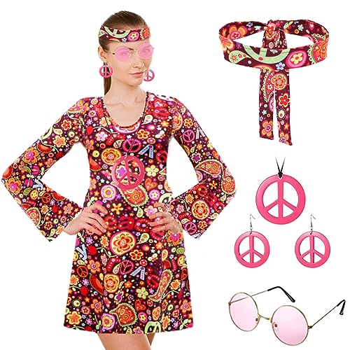 Gohytal Hippie Kostüm Damen, 70er Jahre Kleid Hippie Kleidung Frauen, Disco Kleider mit Halskette, Ohrringe, Sonnenbrille, 60er Hippie Accessoires Faschingskostüm für Mädchen für Karneval Motto-Party von Gohytal