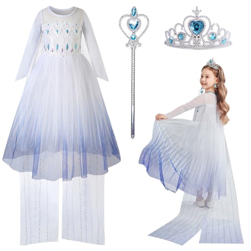 Gohytal Elsas Kostüm Kinder Mädchen, Eiskönigin Prinzessin Kleid, Elsas Kinder Prinzessin Kleid, mit Krone und Zauberstab, für Halloween Weihnachten Verkleidung Karneval Geburtstag Party (120 Yards) von Gohytal