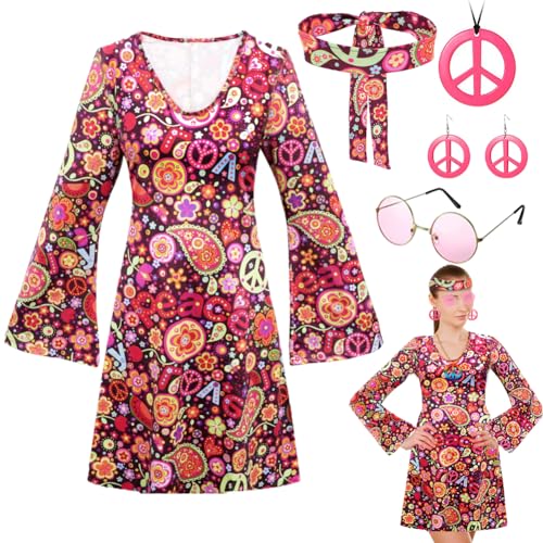 Gohytal Hippie Kostüm Damen Set, 60er 70er Jahre Kleid Hippie Kleidung Frauen, Disco Kleider mit 70er Jahre Kleid Hippie Accessoires, Faschingskostüm Zubehör für Frauen Mädchen für Karneval Party (L) von Gohytal
