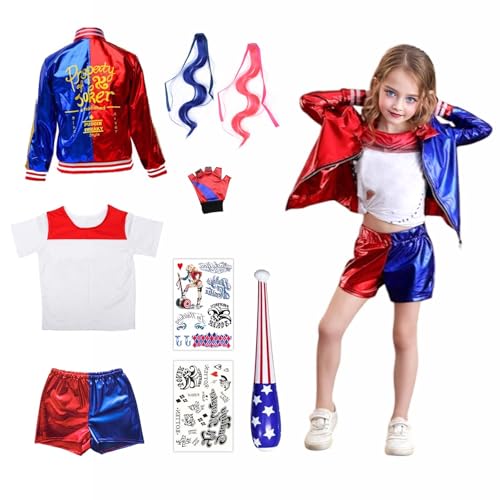 Gohytal Kostüme Kinder, Faschingskostüme Mädchen Junge Einteilig, Suicide Clown Kostüm Kit mit Jacke, T-Shirt, Shorts, Handschuh Perücken Tattoo Baseballschläger für Kinder Geschenke (130) von Gohytal