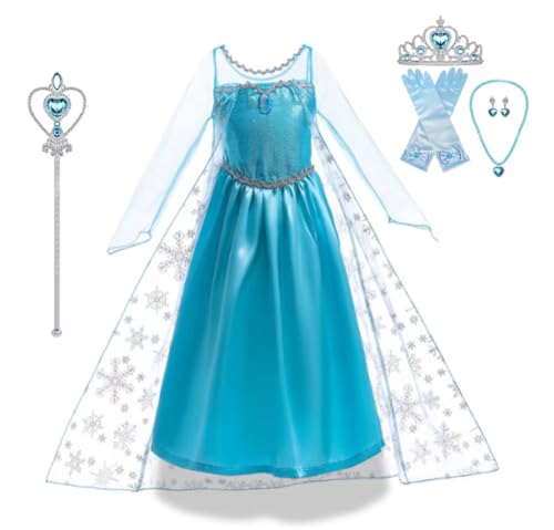 Gohytal Elsa Kostüm Mädchen, Elsa Prinzessin Kleid, Elsa Kinder Prinzessin Kleid 6 teiliges Set, mit Krone Diadem Handschuhe Zauberstab, für Karneval, Cosplay, Karnevalparty, Mottoparty, Halloween von Gohytal