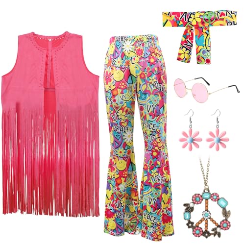 Hippie Kostüm Damen Set mit Fransenweste Schlaghose Hippie Accessoires Disco Outfit Damen Zeitreise Kostüm Boho Set für Frauen Karneval 1970er-Kostüm 70er 80s Jahre Mottoparty-XL von Gohytal