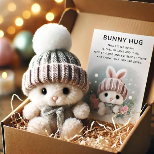 Gokame Mini Bunny Hug Cute Easter Gift, Bunny Stuffed Animal Sets, Plush Pocket Hug Rabbit with Knitted Hat and Pom Pom, Crochet Mini Rabbit Hug with Knitted Hat (A1) von Gokame