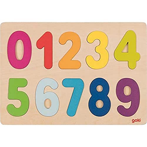 goki 57731 Einlegepuzzle Zahlen 0 bis 9 aus Holz, Holzpuzzle mit bunten Ziffern, Lernspielzeug und Kinderpuzzle, fördert Fantasie und Motorik der Kinder, 30cm x 21cm, 10er Set, ab 2 Jahre von goki