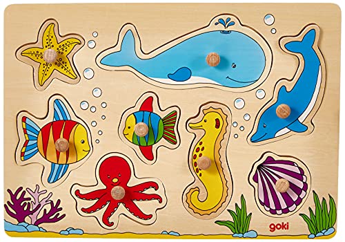 Goki 57953 Tiere Steckpuzzle Meerestiere 8-teilig | Holzpuzzle mit griffigen Meeresbewohner-Teilen & Farbenfroher Unterwasserwelt |, Bunt, Feinmotorik & Erkennungsfähigkeit ab 2 Jahren von goki