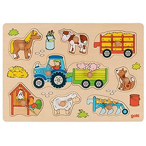 goki 57468 - Steckpuzzle Traktor mit Anhängern aus Holz - 9 Teile von goki