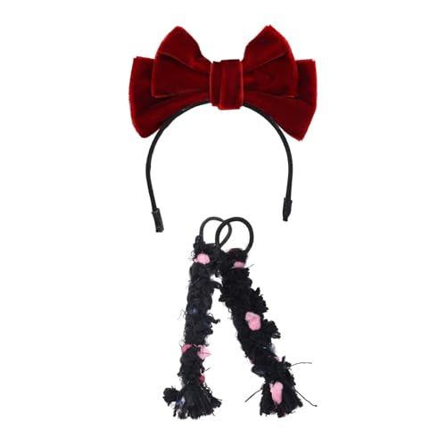 2stk Puppenzubehörteile 17cm, Süße Plüsch Kopfbedeckungen Inklusive Samtschleife und Zopf Kopfschmuck Set zum Verkleiden der Puppe (Burgunderrotes Stirnband & Schwarzer Zopf) von Goktvai