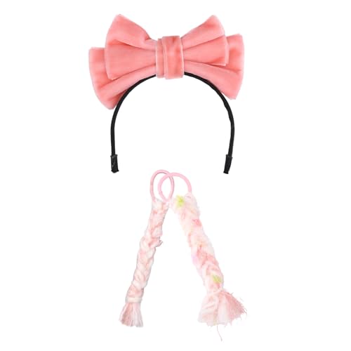 2stk Puppenzubehörteile 17cm, Süße Plüsch Kopfbedeckungen Inklusive Samtschleife und Zopf Kopfschmuck Set zum Verkleiden der Puppe (Rosa Stirnband & Zopf) von Goktvai
