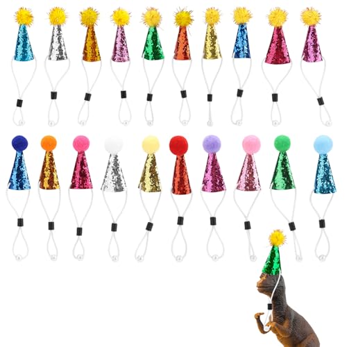 Goktvai 20 Mini Partyhüte für Kuscheltiere, Spielzeug Dinosaurier Hunde Katzen Kleine Glitzernde Partyhüte mit Pompons für Geburtstagstortenaufsätze (Bunt) von Goktvai