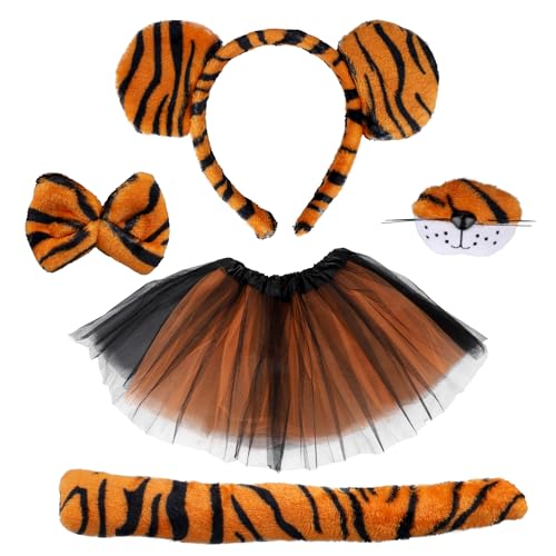 Goktvai Tiger Kostüm Set, Tiger Ohren Haarreif Schwanz Nase Fliege Tutu Rock für Kinder Mädchen Halloween Cosplay Party Goktvai Tiger Kostüm Set, Tiger Ohren Haarreif Schwanz Nase Fliege Tutu Rock für Kinder Mädchen Halloween Cosplay Party von Goktvai