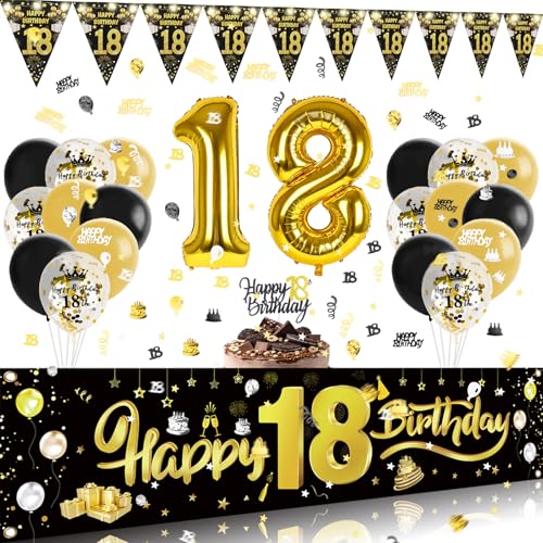 Deko 18. Geburtstag Mädchen Junge Set mit Led Lichterkette, 18 Geburtstag Deko Konfetti Banner Kuchendeko,Luftballons 18. Geburtstag Deko Gold,Deko 18 Geburtstag Junge Mädchen Girlande Geburtstagsdeko von GoldRock