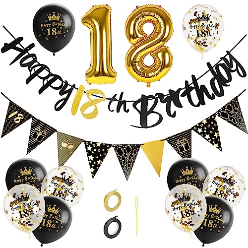 GoldRock Luftballons 18 Geburtstag Deko Set Schwarz Gold, Dekoration für Junge Mädchen mit Happy Birthday Girlande, Folienballon Zahl 18 von GoldRock