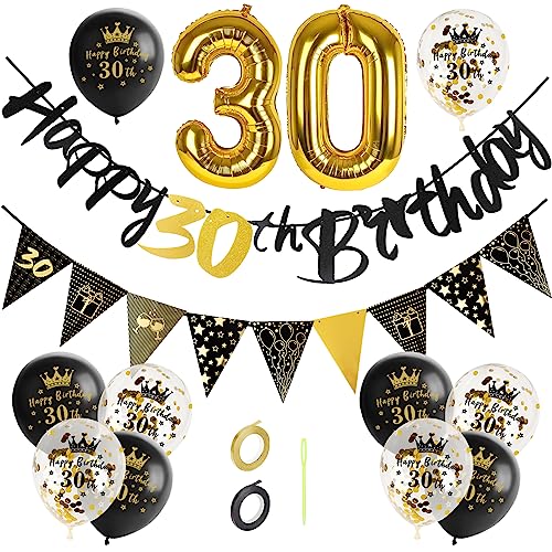 GoldRock 30. Geburtstag Deko Set für Männer und Frauen - Luftballons, Happy Birthday Girlande, Folienballon Zahl 30 von GoldRock