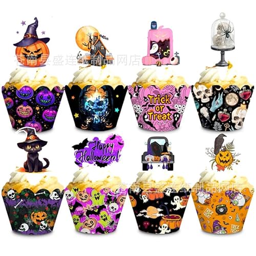 GoldRock 48 Teiliges Halloween Kuchendeko Set, 24 Cupcake Wrapper +24 Muffin Deko, Fledermaus Grabsteinmesser,Kürbis Kuchen Dessert Deko,Halloween Motto Partyzubehör von GoldRock