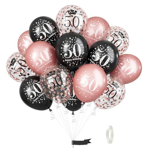 GoldRock 50. Geburtstag Luftballons Set, 15 Stück, Schwarz und Roségold mit Konfetti Luftballons (Schwarz Rosa, 50. Geburtstag) von GoldRock