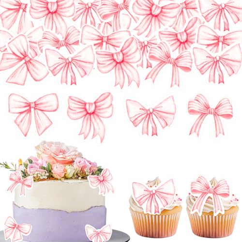 GoldRock 4 Typen Rosa Essbare Tortendeko Schleife,48 Stk Schleifen Torten Deko,Bogen Tortendeko Essbar,Esspapier Kuchen Deko Geburtstag,Bögen Muffin Kuchendeko für Hochzeit,Babyparty, Kindergeburtstag von GoldRock