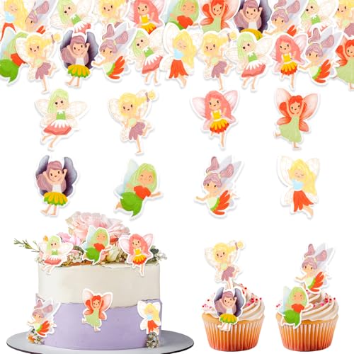 GoldRock Tortendeko Essbar Feen Geburtstag Deko, 48× Fee Essbare Tortendeko, Esspapier Tortendeko Feen und Elfen,Muffin Deko Fee Elfe,Feen Party Cupcake Topper für Kindergeburtstag,Kuchen Deko Mädchen von GoldRock