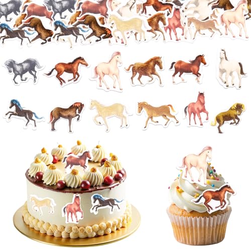 GoldRock Essbare Tortendeko Pferd, 48 Stk Esspapier Muffin Deko, Geburtstagsdeko, Tortenaufleger, Kuchen Deko für Mädchen Jungen, Pferde Deko Geburtstag von GoldRock