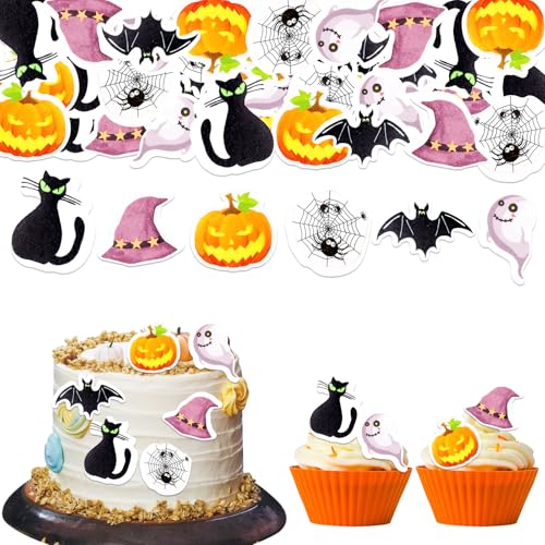 GoldRock Geist Essbare Tortendeko Halloween, 48 Stk Katze Kürbis Horror Deko Torte, Fledermaus Esspapier Kuchendeko, Spinne Muffin Cupcake Topper von GoldRock