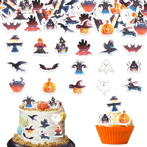 GoldRock Halloween Essbare Tortendeko - 60 Stk Hexen Kürbis Horror Deko, Fledermaus Geist Esspapier Kuchendeko, Spinne Muffin Cupcake Topper von GoldRock
