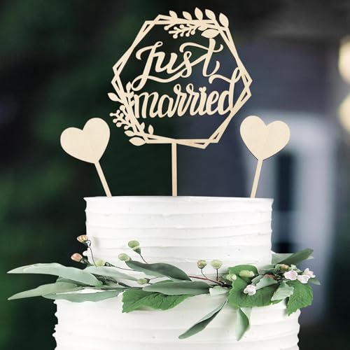 GoldRock Holz Just Married Deko Cake Topper Hochzeit, 3 Stk Tortendeko Hochzeit, Just Married Hochzeitstorte Deko,Tortenstecker Hochzeiten,Hochzeitsdeko Torte Herz, Tortentopper für Verlobung, Wedding von GoldRock